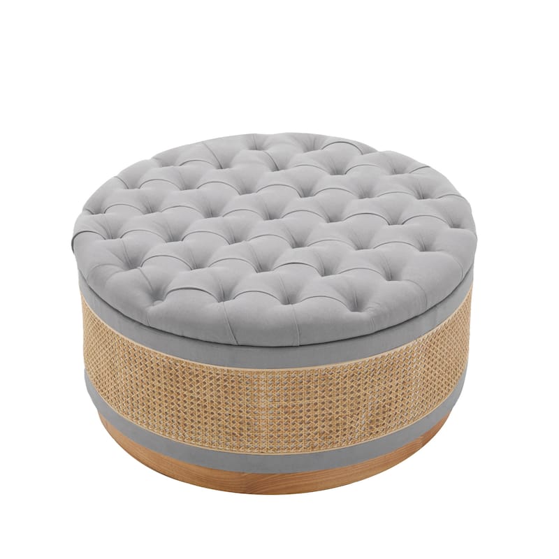 Linen & Rattan Round Storage Ottoman, Button-tufted Upholstery - Marled Grey