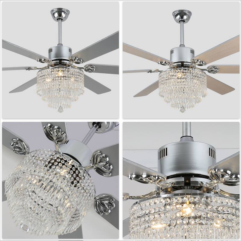 CurveCurio 65" Lagre Ceiling Fan w Crystal Light Shade and Wood Blades, Quiet DC Motor w Remote For Large Room - 65" * 65" * 26"