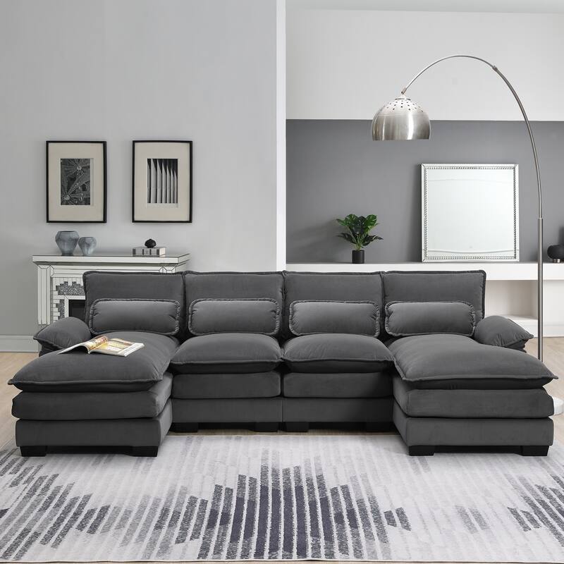 Gray Velvet Modern 6-Seat Modular U-Shaped Sleeper Sectional Sofa with Chaise - Gray Velvet