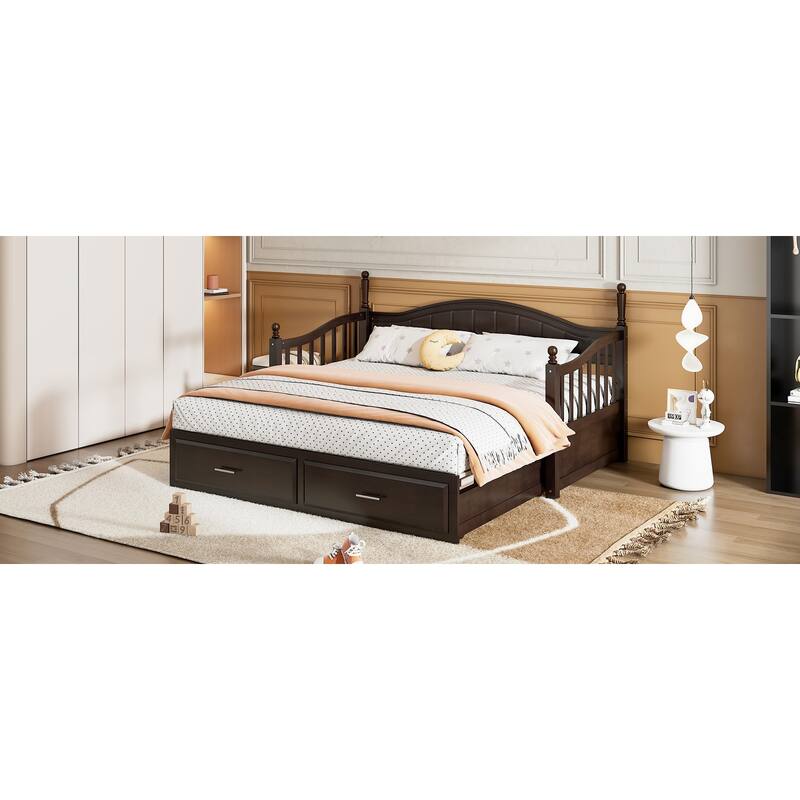 Wooden Twin Size Daybed with Twin Size Trundle, Extendable Daybed with Two Storage Drawers