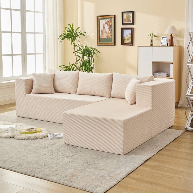 Mixoy W106'' Modern 2-Piece Free Combination Corduroy Upholstered L-Shaped Modular Sectional Sofa with Right Chaise and Pillow