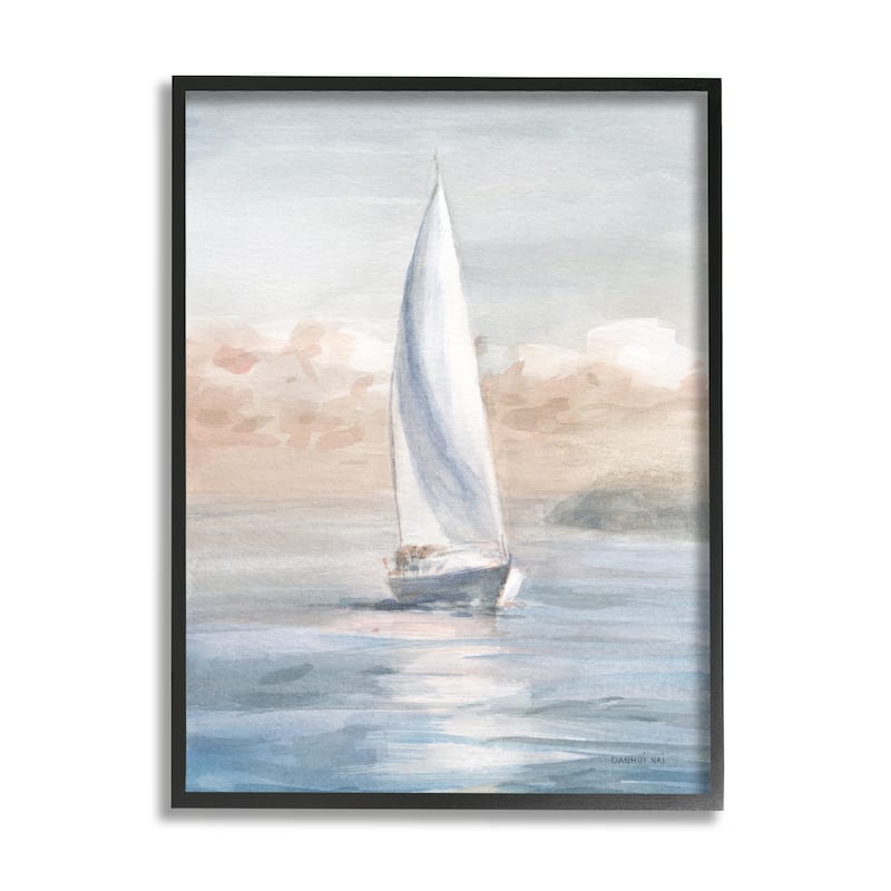 Stupell Sailboat Under Cloudy Morning Sunrise Soft Contemporary Ocean Framed Wall Art - 16 x 20 - Black