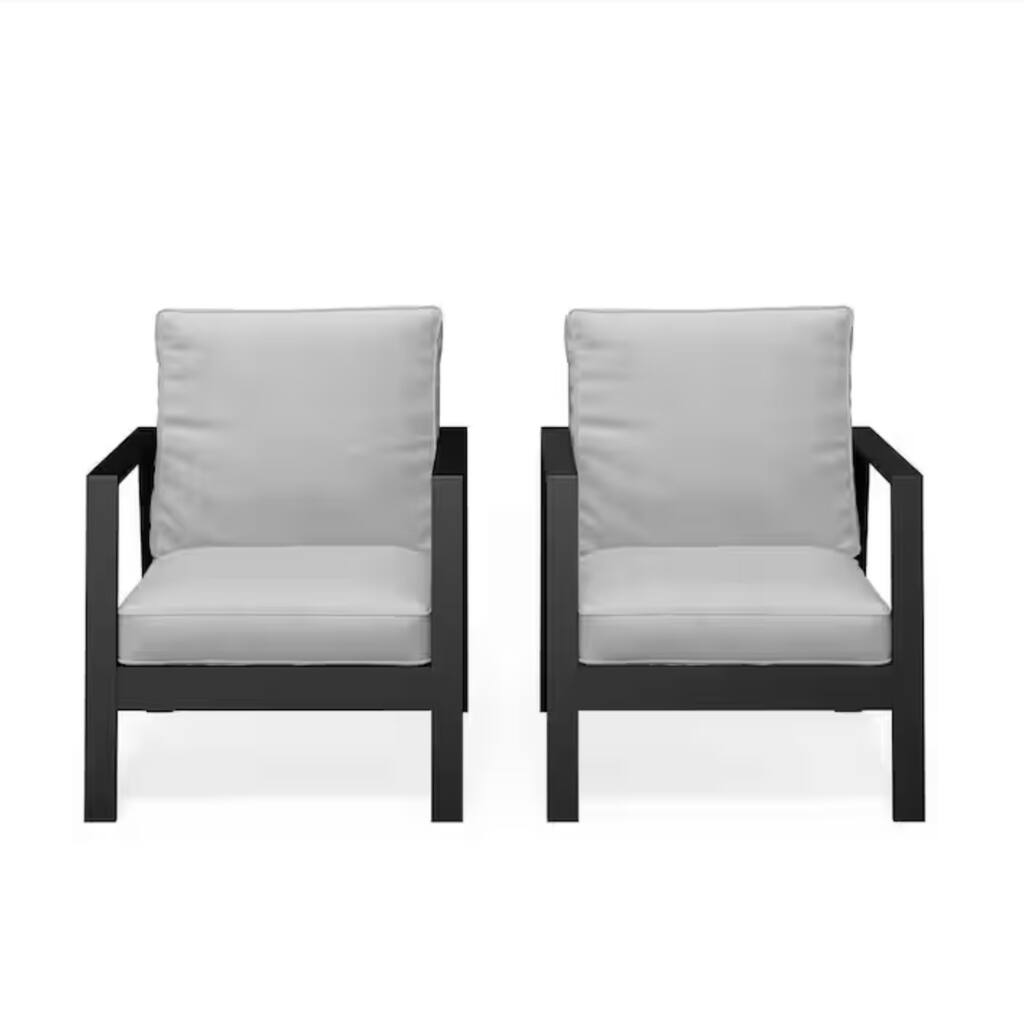 Set of 2 28" Aluminum Patio Armchairs with Thick Light Gray Cushions Black Frame