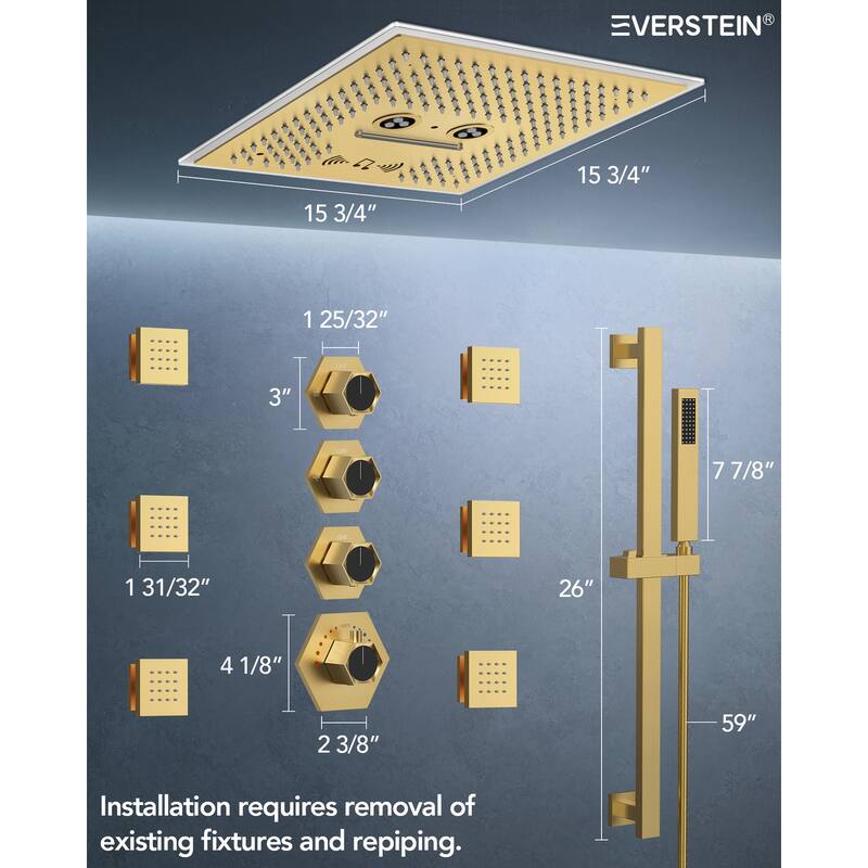 Shower Faucet System 16" Ceiling Mount Shower Head 3 Spray Modes Body Jets Handheld Spray with Slide Bar LED Music