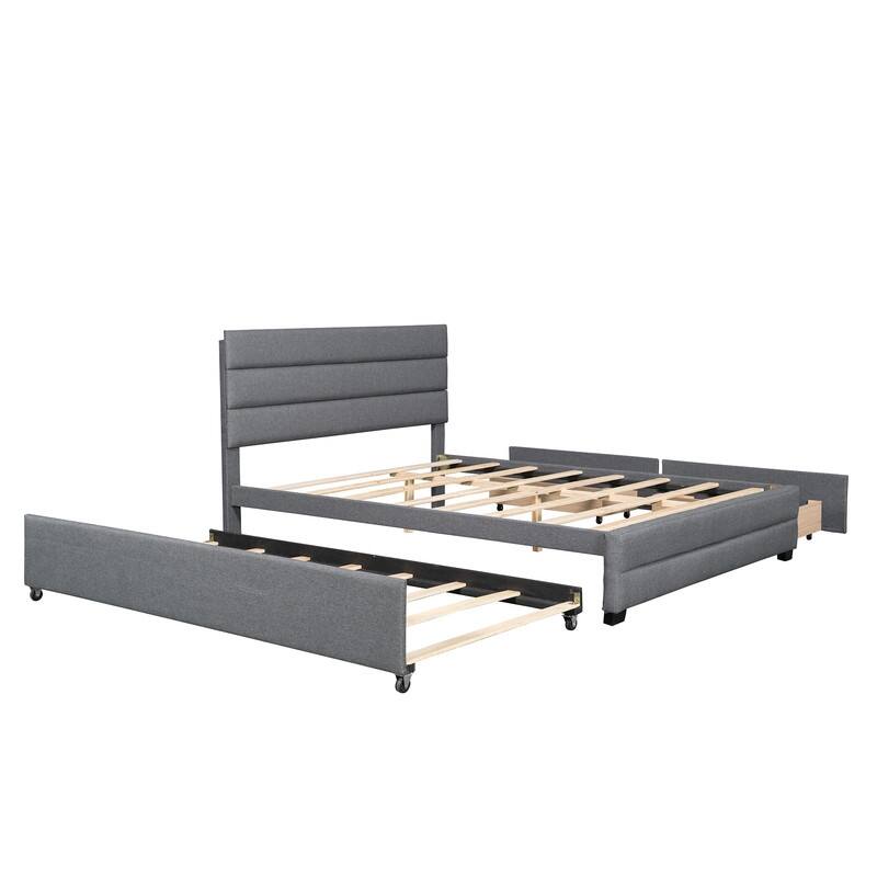 Upholstered Queen Size Platform Bed with 2 Storage Drawers and Twin Trundle Bed, Wood Queen Bed Frame with Linen Fabric