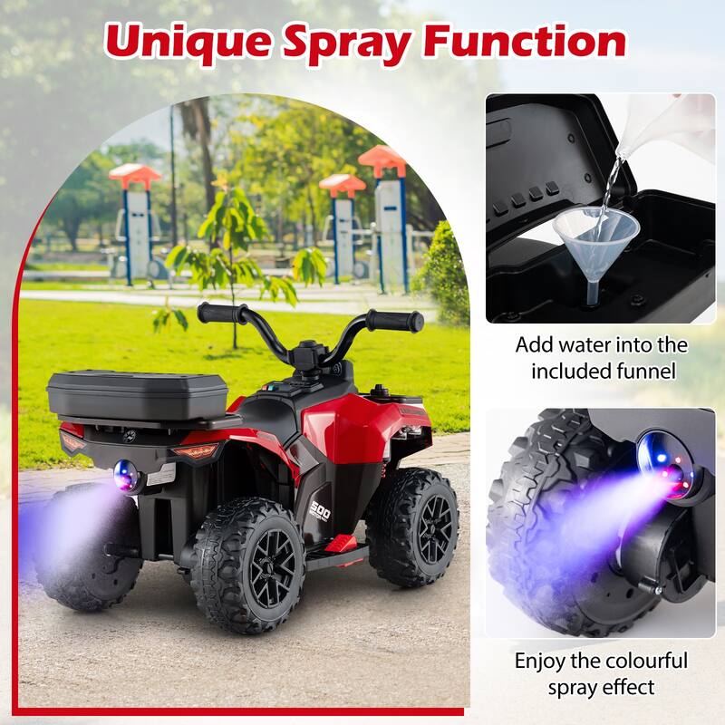 6V Kids Ride On ATV with Spray Function and Storage Box with Music - 27" x 16" x 17" (L x W x H)