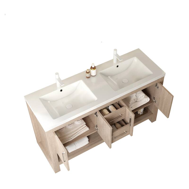 GDFStudio - Lucci Modern 60" Freestanding Bathroom Vanity with 2 Acrylic Integrated Basins, Drawers & Doors, WITHOUT Faucet