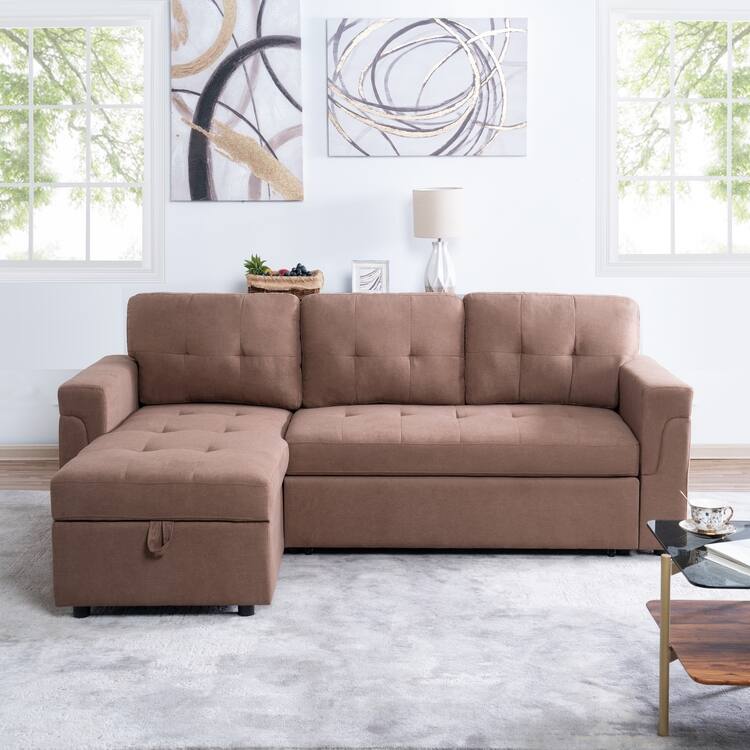 Perry Modern Reversible Sleeper Sectional Sofa with Storage Chaise, Pullout Sleeper Sofa Couch Bed for Living Room - Mocha,Velvet