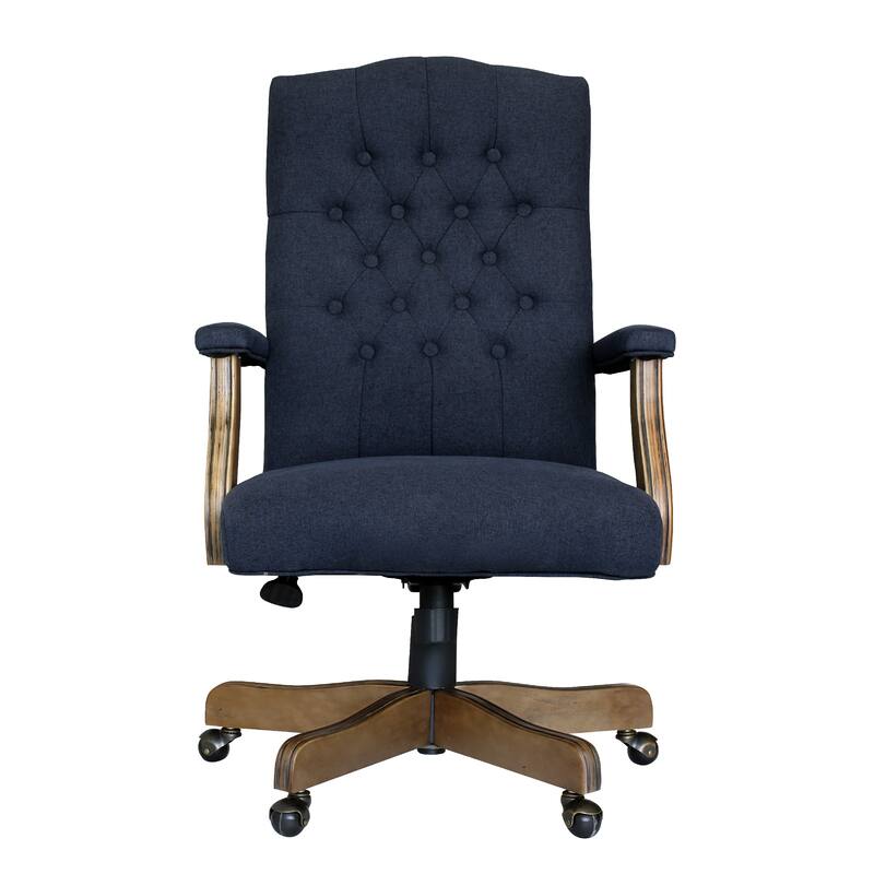 Jake Executive Armchair with Driftwood Finish, Navy Blue Tufted Linen