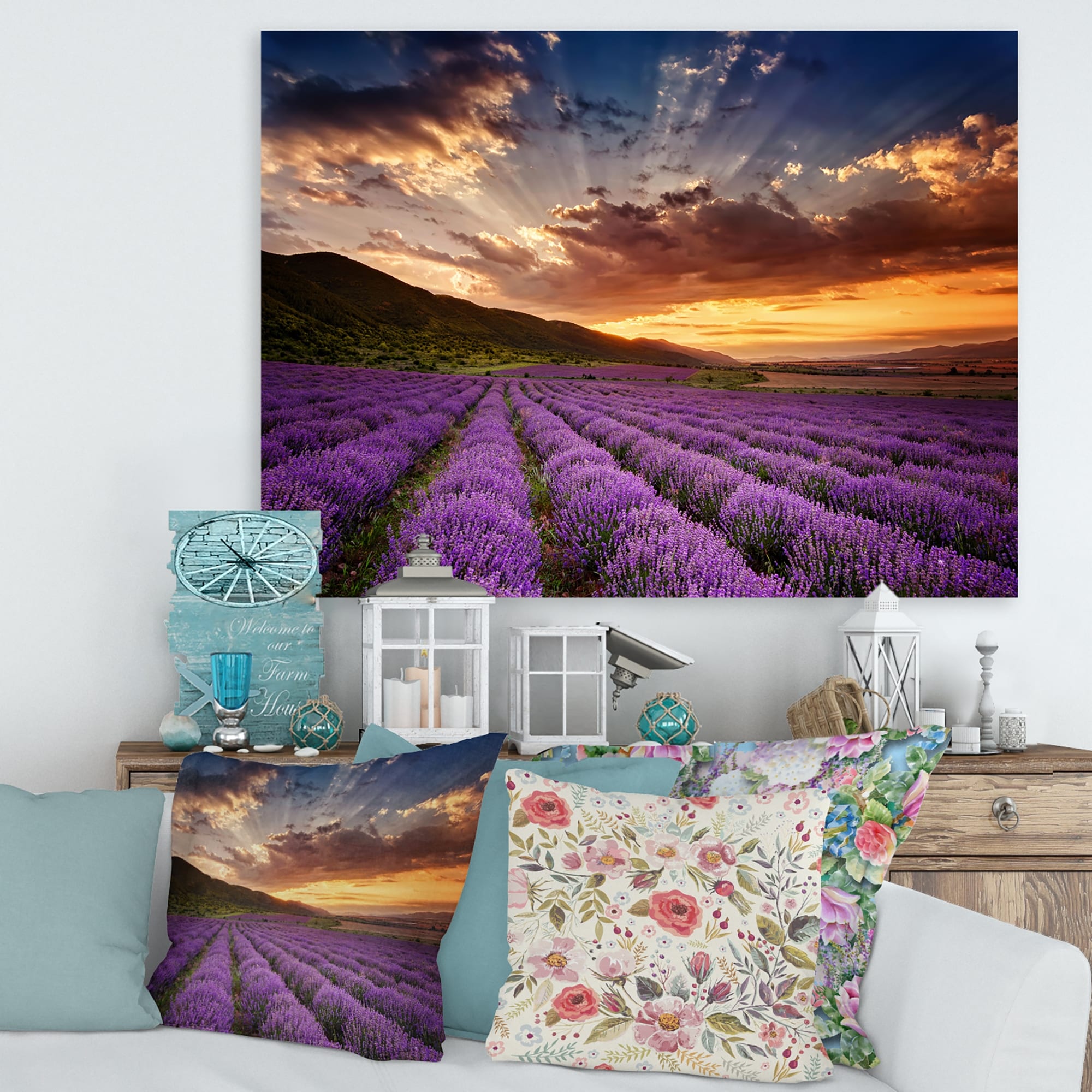 Designart 'Sunrise & Dramatic Clouds Over Lavender Field X' Farmhouse Canvas Wall Art Print