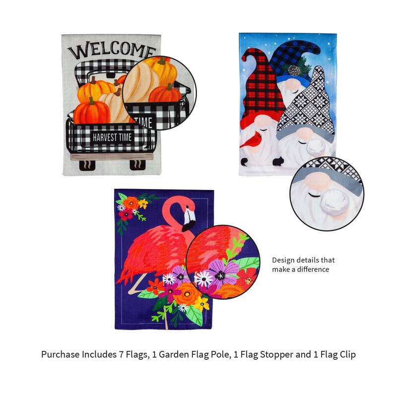 Burlap 4-Season Flags w/ Flag Stand, Set of 7, Welcome