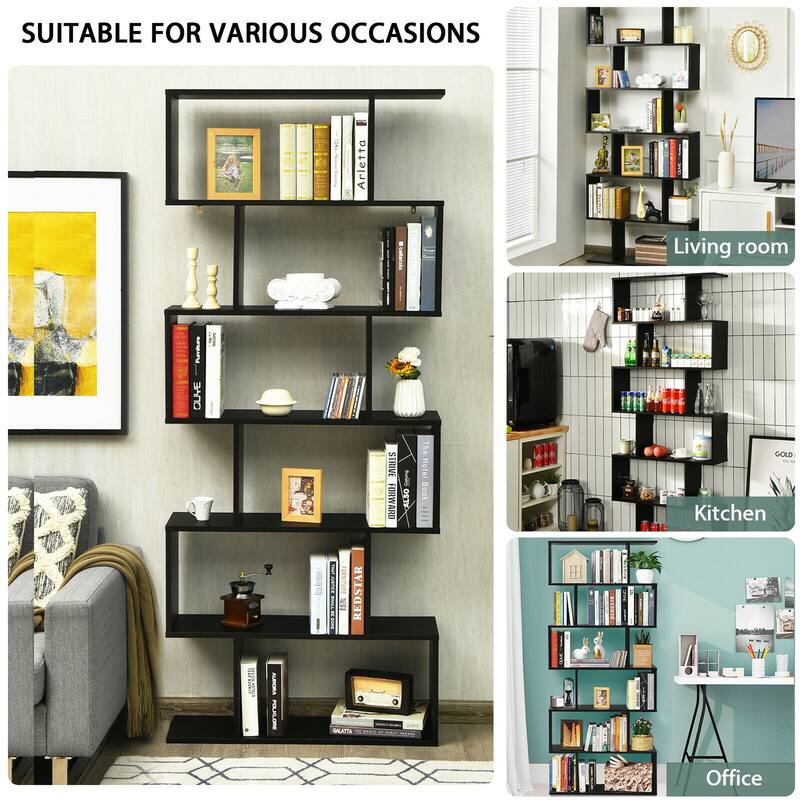 Gymax 6 Tier S-Shaped Bookshelf Storage Display Bookcase Decor Z-Shelf - 31.5'' x 9'' x 75''
