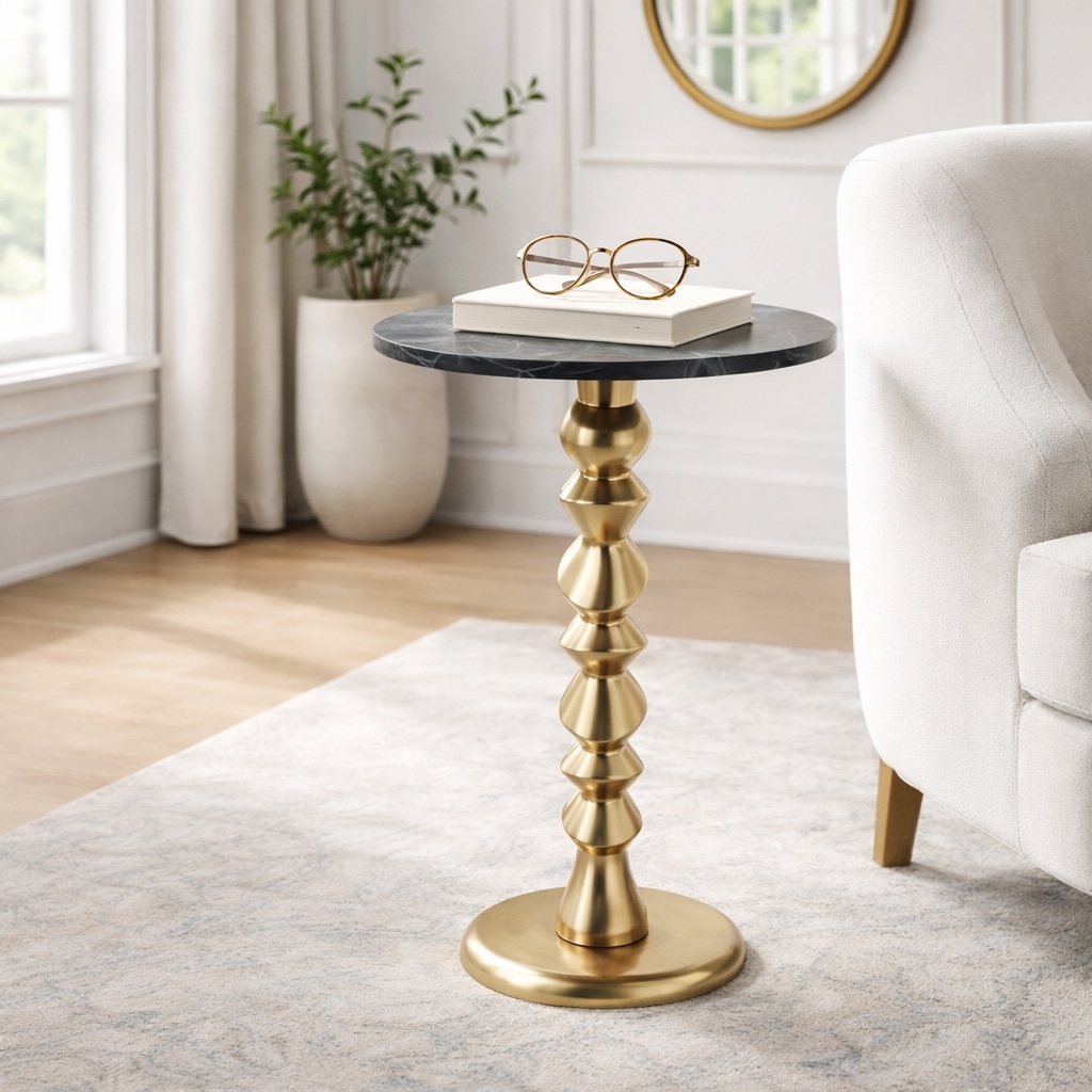 Accent Marble Side Table with Sculptural Base - 27", Black & Silver - 26.75"