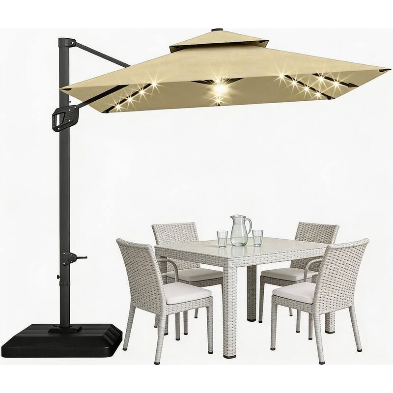 10x10Ft Square Solar LED Cantilever Umbrella , with Weighted Base - Beige