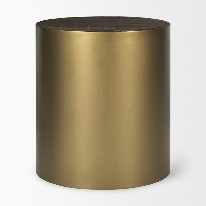 HomeRoots 22" Antiqued Gold And Brown Metal And Solid Wood Drum End Table With Storage - 20 in. x 22 in. x 20 in.