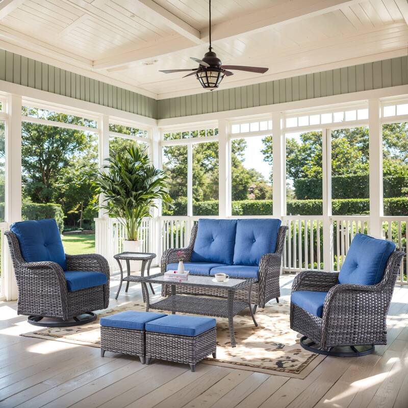 Outdoor Glider Sofa Swivel Chair & Ottomans - Blue cushion - Grey - Blue - Grey