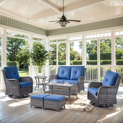 Outdoor Glider Sofa Swivel Chair & Ottomans - Blue cushion - Grey