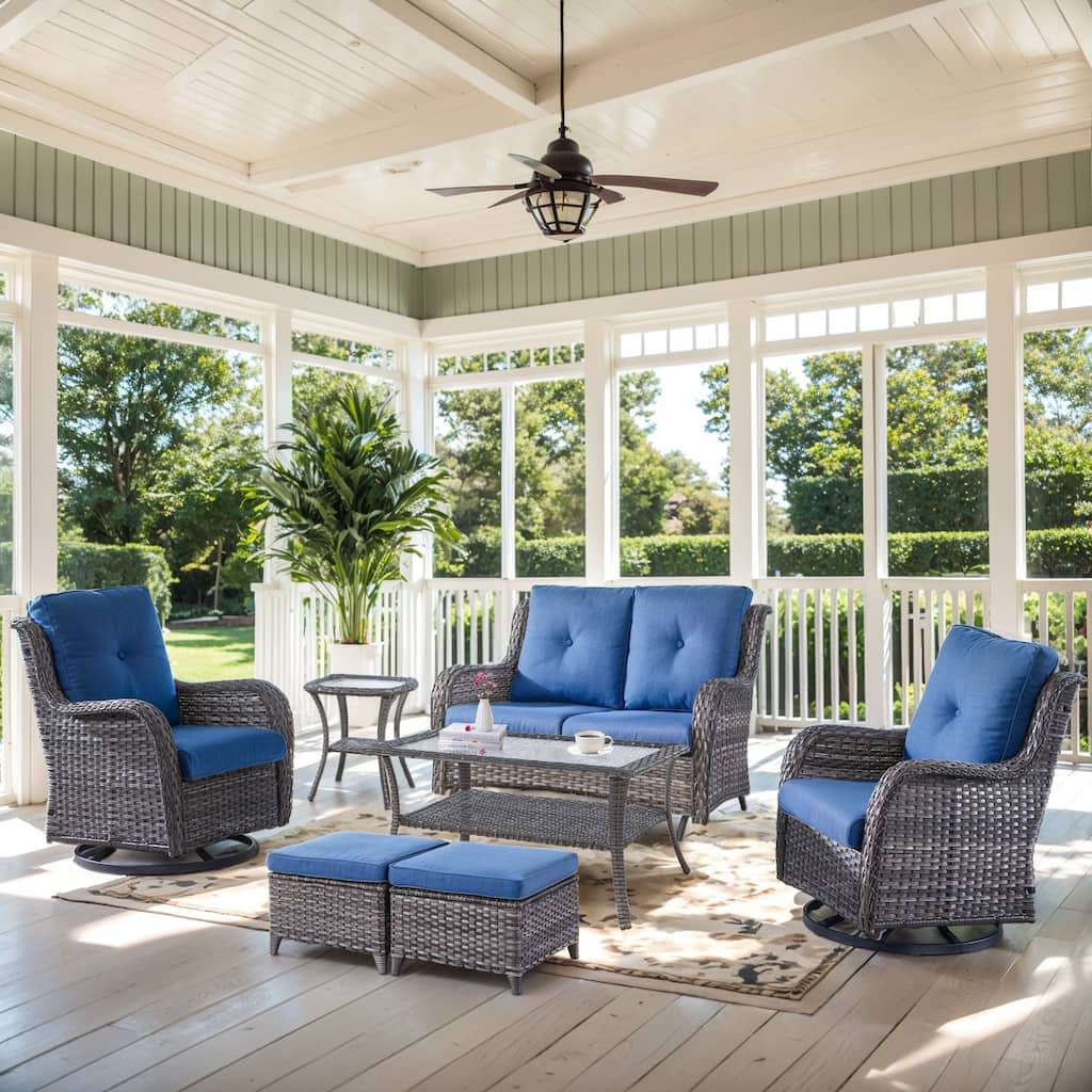 Outdoor Glider Sofa Swivel Chair & Ottomans - Blue cushion - Grey