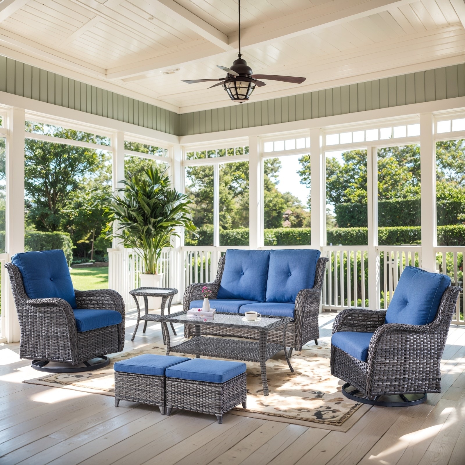 Outdoor Glider Sofa Swivel Chair & Ottomans - Blue cushion - Grey