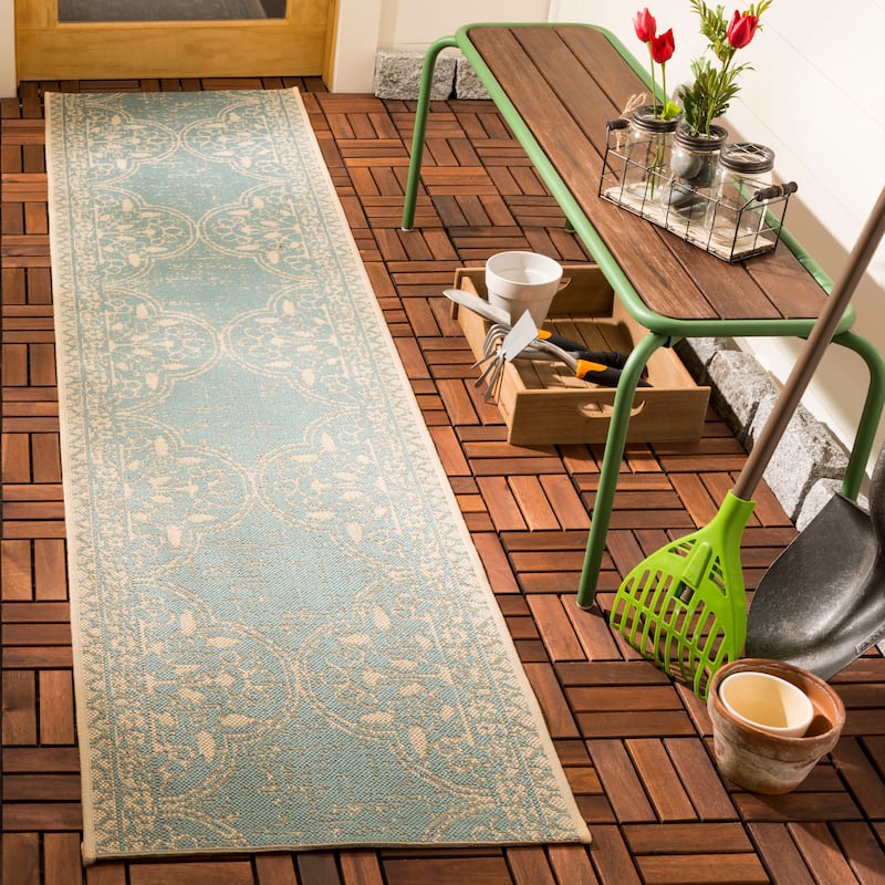 SAFAVIEH Beach House Belina Indoor/ Outdoor Waterproof Patio Backyard Rug - 2'2" x 10' Runner - Cream/Aqua