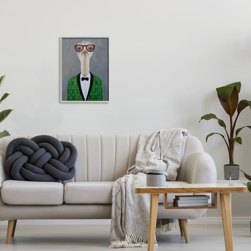 Stupell Charming Ostrich Bird Bowtie Sunglasses Green Cardigan Framed Wall Art