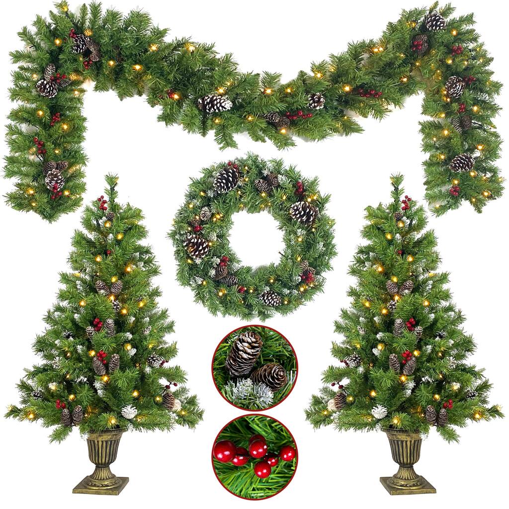 Pre-lit Artificial Christmas Tree 4-Piece Set Garland, Wreath and Two Entrance Trees