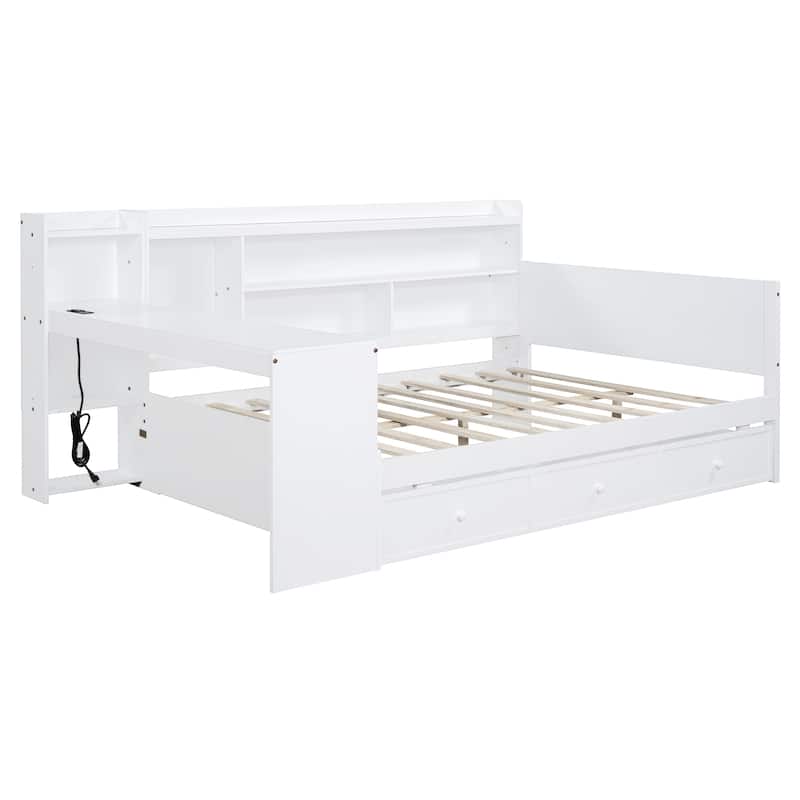 Full Size Daybed with 3 Storage Drawers & Shelves Headboard, Wooden Sofa Bed Frame with USB Ports and Desk, No Box Spring Needed