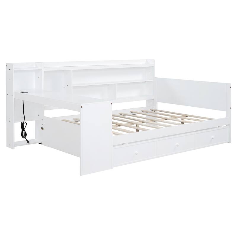 Full Size Modern Wooden Daybed with 3 Drawers, USB Ports & Desk