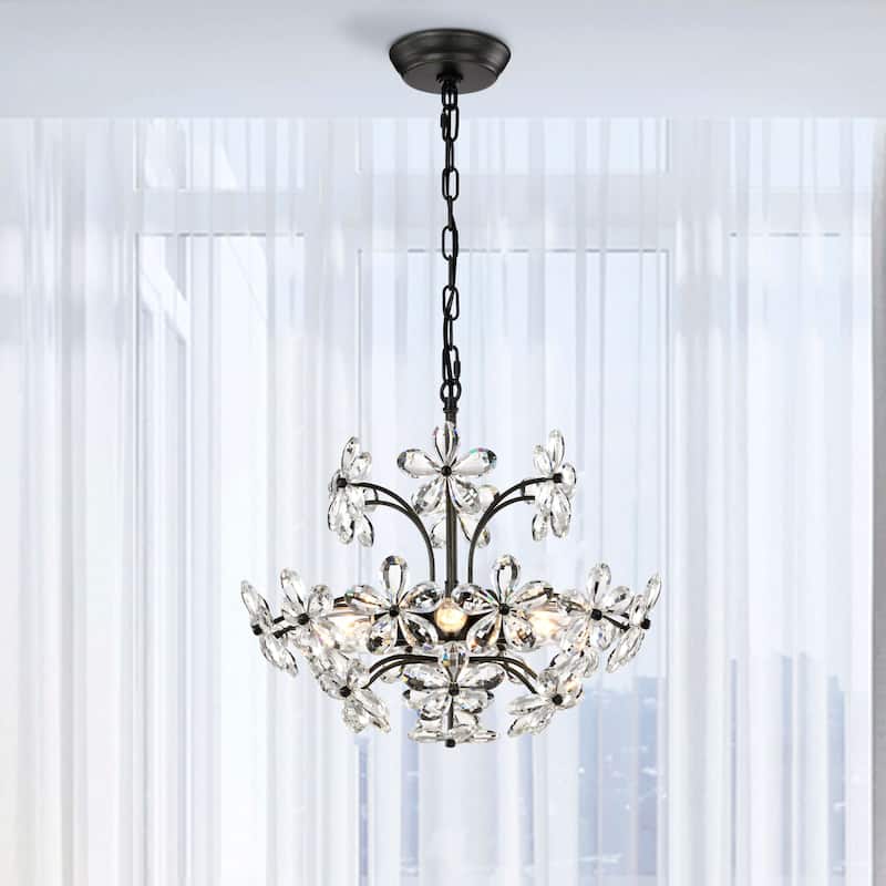 Rosa 6 Lights Antique Black Daisy Flower Crystal Chandelier - 17.7 inches in diameter x 15 inches H