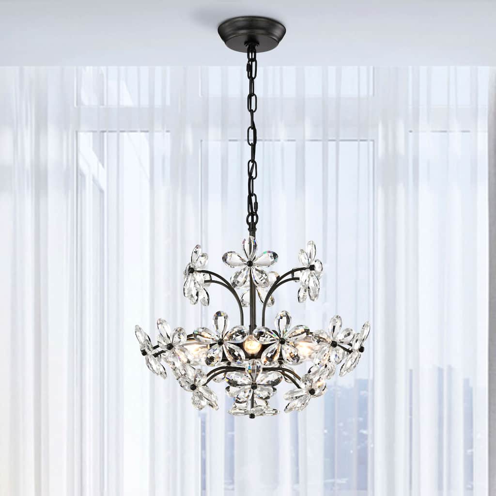 Rosa 6 Lights Antique Black Daisy Flower Crystal Chandelier - 17.7 inches in diameter x 15 inches H