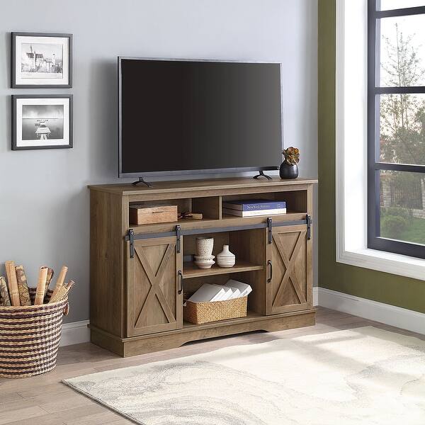 Shop Belleze 52 Tv Stand Sliding Barn Door For Tv S Up To 60 Rustic Oak Standard Overstock 31887575