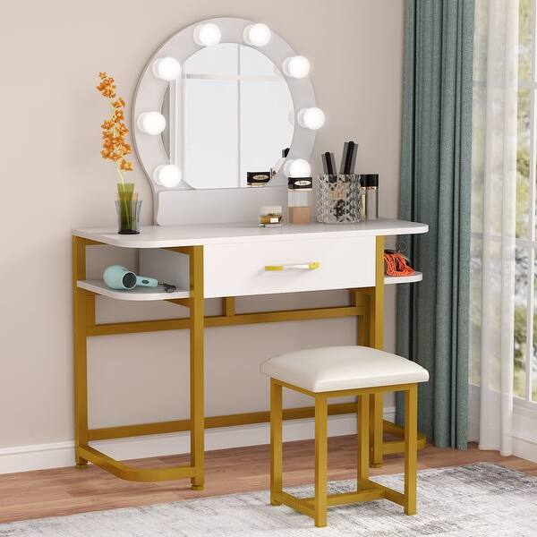 Makeup Vanity Table Set With Lighted Mirror Drawers And Stool Overstock 32368861
