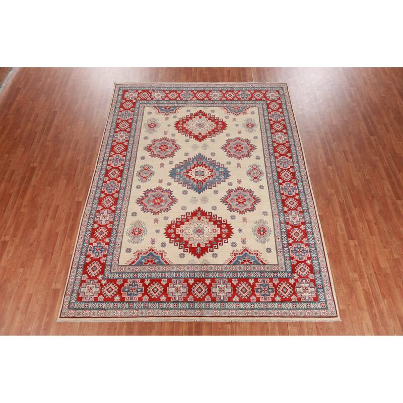 Hand Knotted Oriental 100% Wool Carpet Traditional Geometric Beige & Ivories Kazak Area Rug - 11' 1'' X 8' 4''