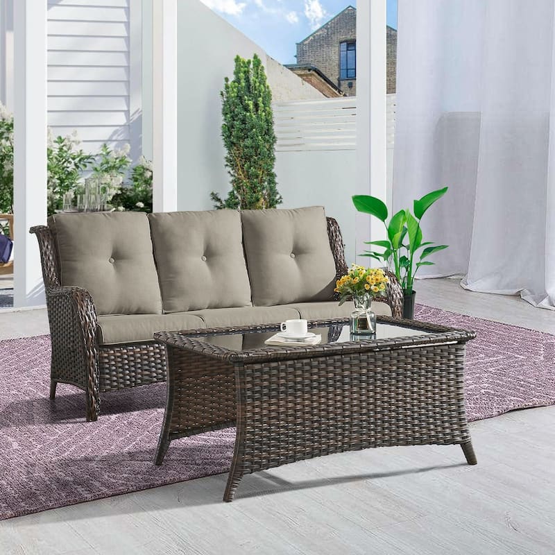 Gymojoy 2-Piece Outdoor Wicker Patio Furniture with 3 Seat Sofa, Rattan Coversation Set with Water Resistant Thick Cushions - Brown Wicker / Grey Cusion - 2-Piece