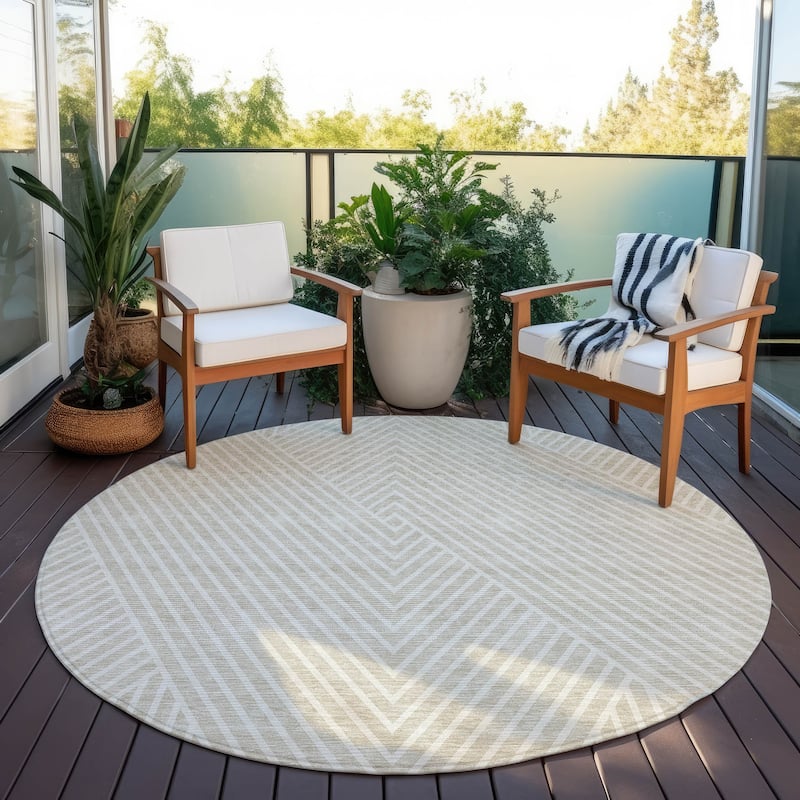 Machine Washable Indoor/ Outdoor Modern Geo Chantille Rug - Beige - 8' x 8'