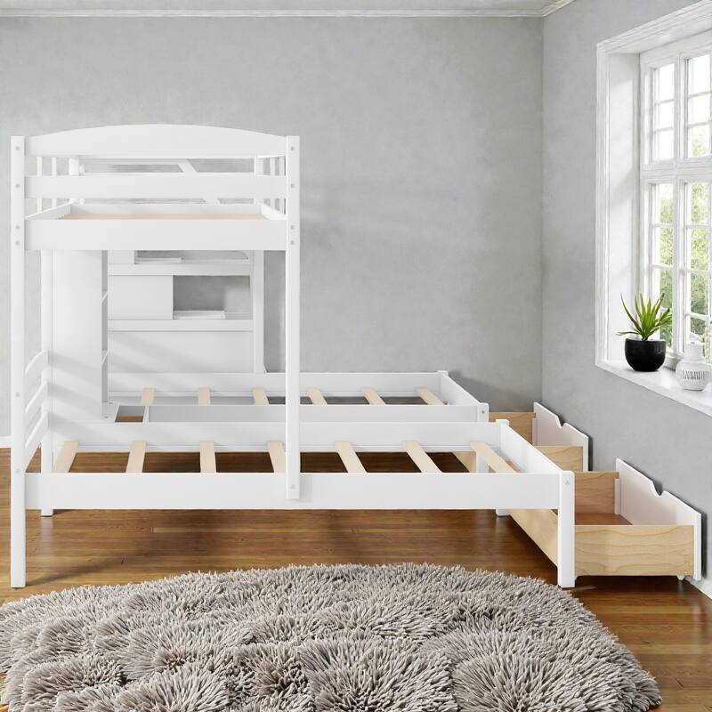 Twin Over Twin and Twin Triple Bunk Bed with Storage Drawers, Staircase Shelves, Built-In Book Shelves