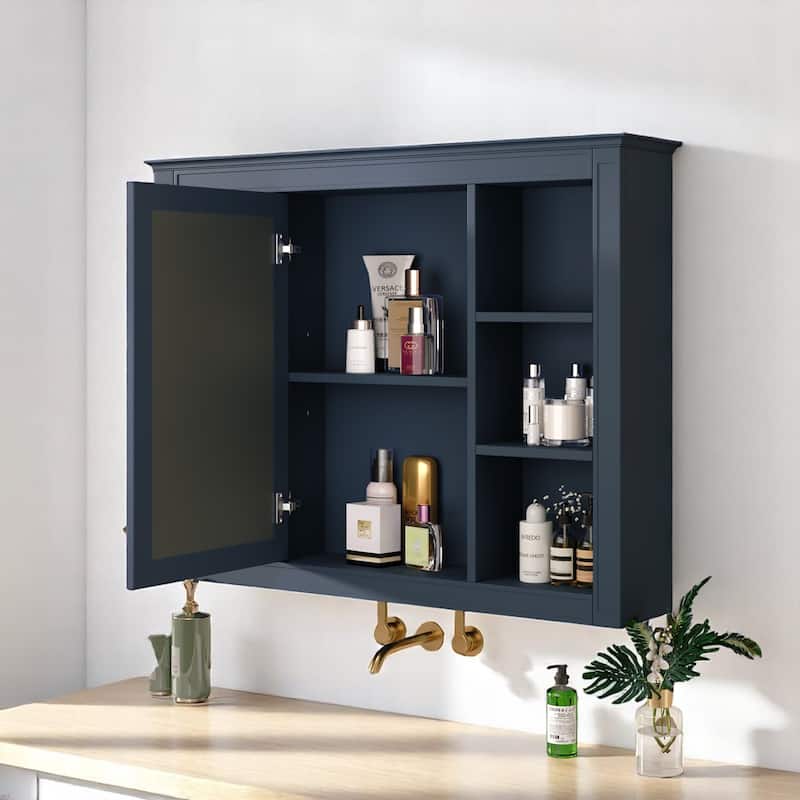 Modern Bathroom Mirror Cabinet, 35" Medicine Cabinet with 1 Door and 6 Open Shelves, Wall Mounted