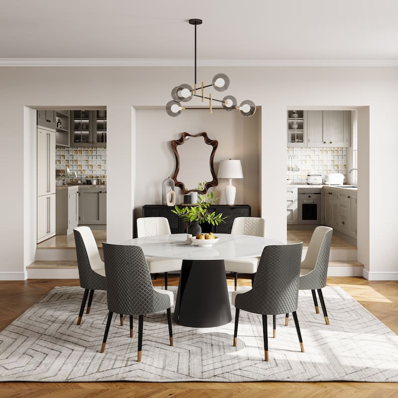 Modern Round White Dining Table, Matte Sintered Stone Tabletop, Solid Black Carbon Steel Base