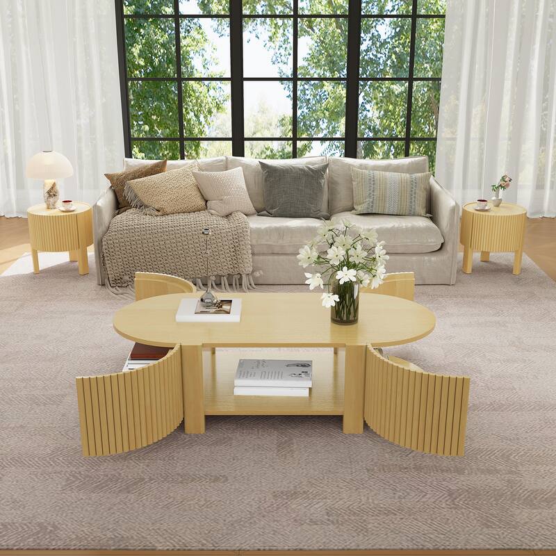47" Coffee Table for Living Room, Wood Center Table, Tea Table, Storage Table with Sliding Doors, Modern Oval End Table