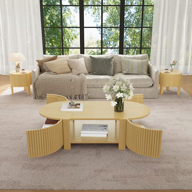 Oval Fluted Coffee Table Sofa Table with Storage for Living Room, Natural End Table Center Table with Open Shelf