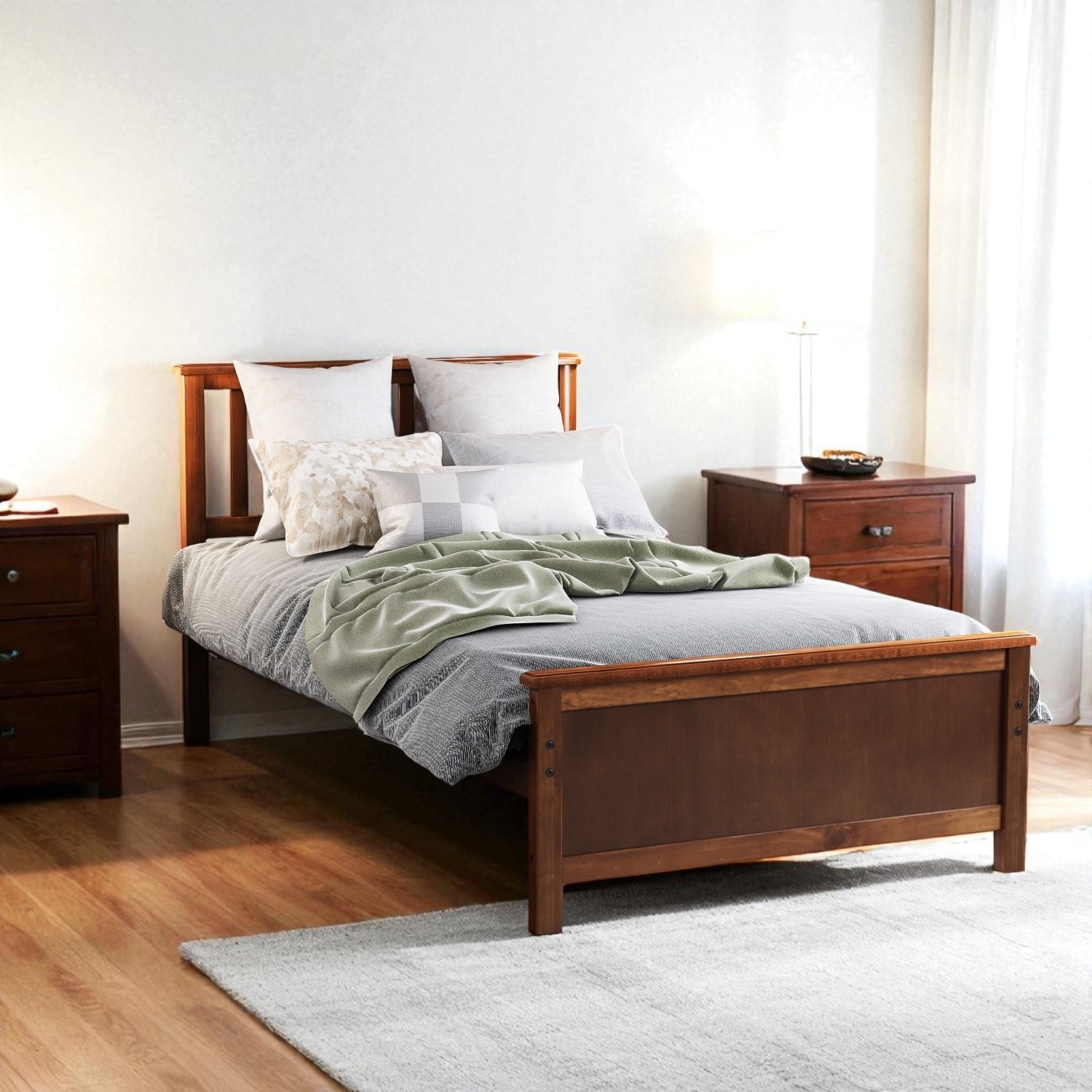 Twin Size Wood Platform Bed with Headboard, Footboard, Solid Slats Support and Classic Frame