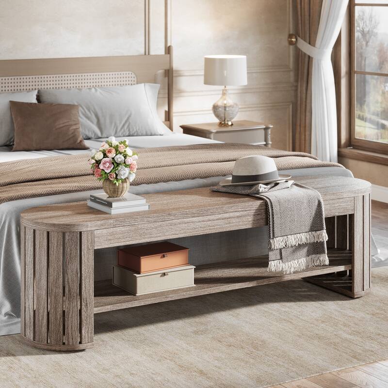 63" Wooden Entryway Bench, Long 2-Tier Narrow Shoe Bench