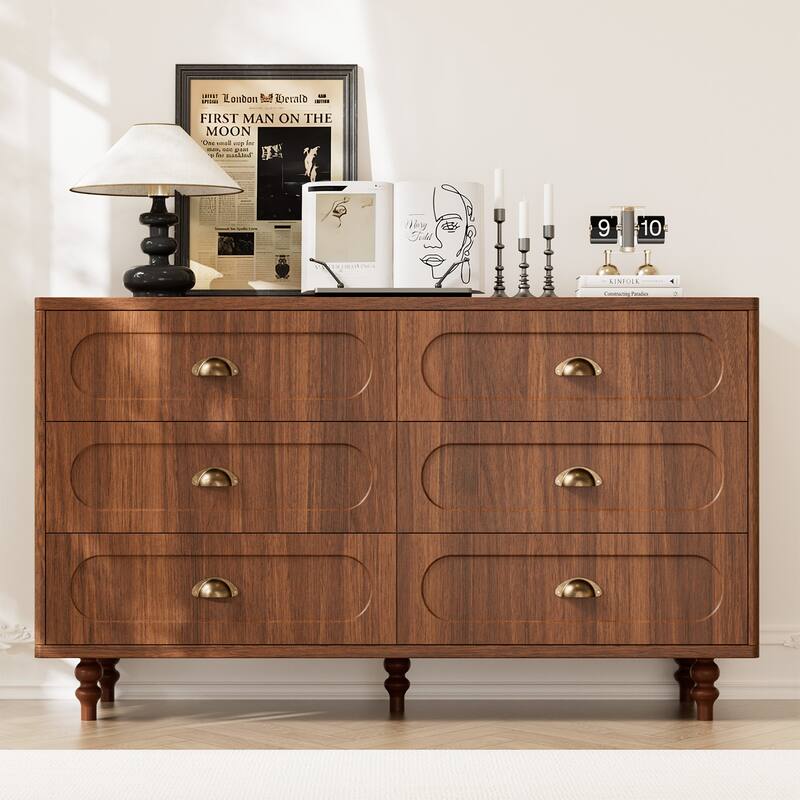 Gymojoy Fluted Dresser for Bedroom, Mid Century Modern Drawer Wood Chest Organizer, Small Storage Dresser for Living Room - Walnut - 6-drawer