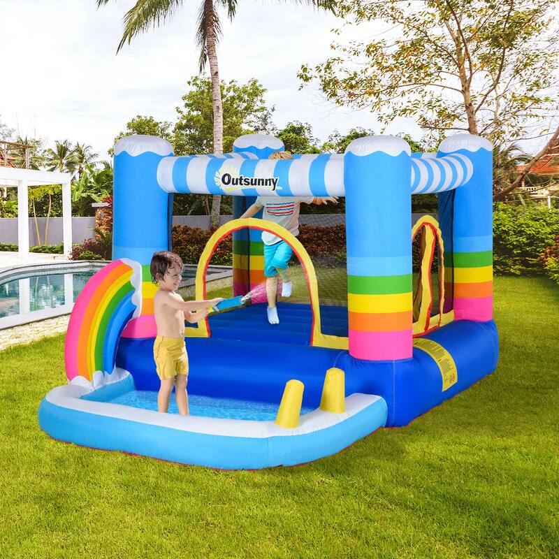 Outsunny Inflatable Bounce House for Kids 2-in-1 Jumping Castle for Indoor Outdoor Party with Trampoline, Pool, Carry Bag