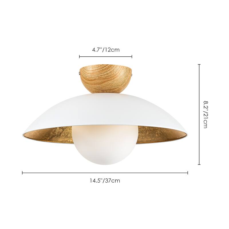 14.5 in. 1-Light Black/White Finish Wood Gold Leaf Dome Semi-Flush Mount Light with Opal Glass Globe