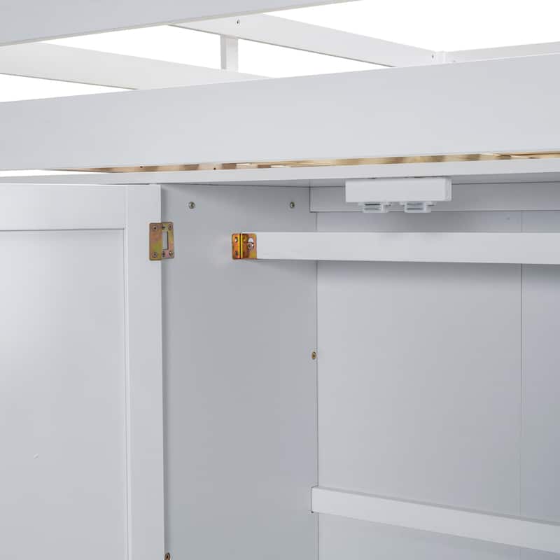 Full Size Loft Bed with Wardrobe, Desk, Storage Shelves, and Drawers, Space-Saving Design