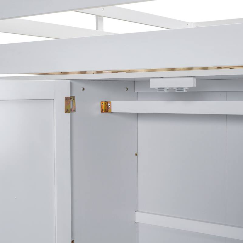 Full Size Loft Bed with Wardrobe, Desk, Storage Shelves, and Drawers in White