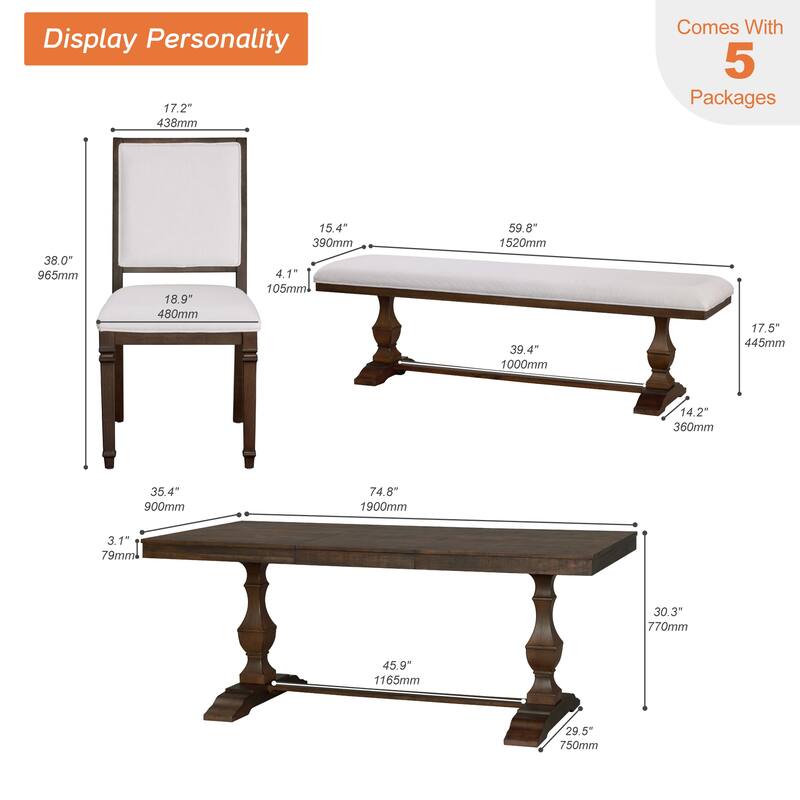 5-pieces Farmhouse Dining Table for 6, 74.8" Kitchen Table Set with 2 Benches and 2 Chairs, Solid Wood Legs and Cushion Seat
