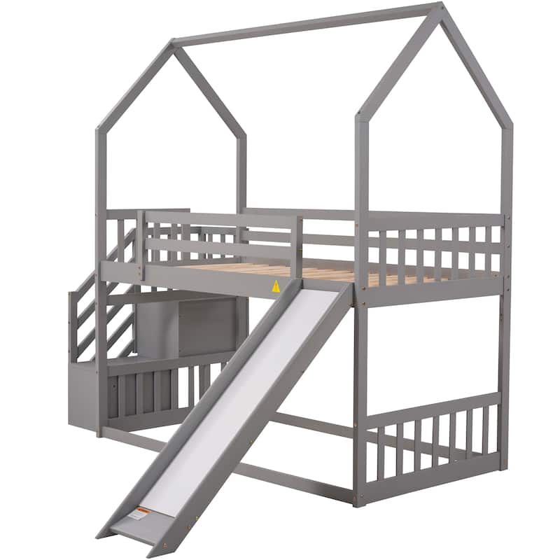 Twin Over Twin House Bunk Bed w/Convertible Slide, Storage Staircase