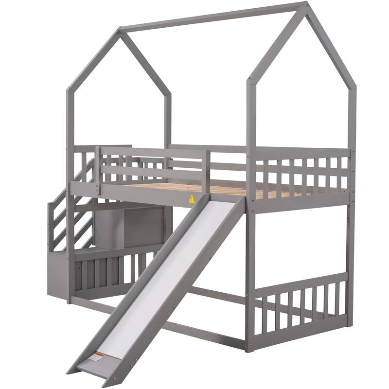 Twin over Twin Pine Bunk Bed with Slide and Storage Staircase